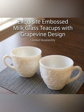 2 White Embossed Grape, Milk Glass Cups